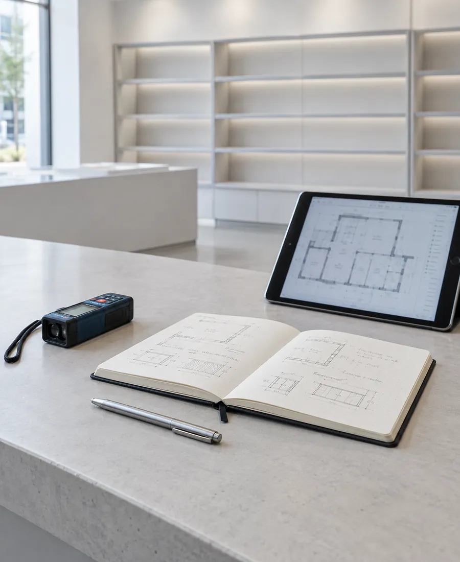 Relevé sur site : carnet, télémètre et plan posés sur un comptoir.