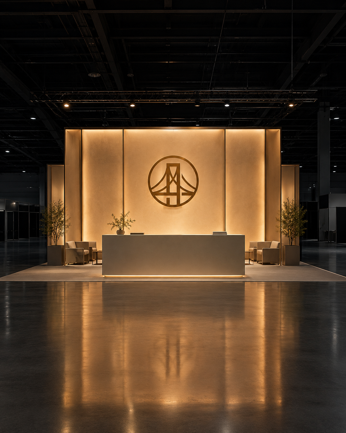 Stand d'exposition rétroéclairé dans un hall vide, la nuit.