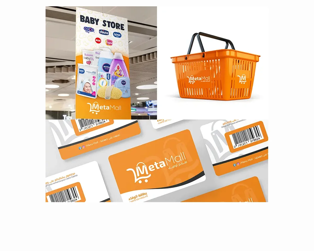 MetaMall : totem Baby Store en magasin, panier de course et cartes de fidélité.